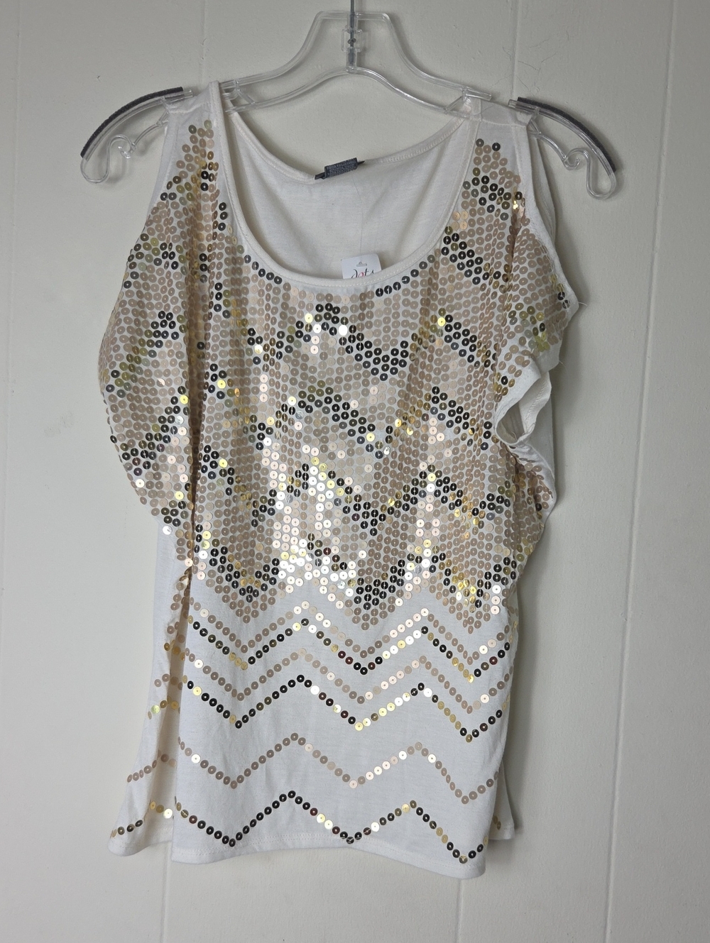 White Sequined Chevron Cold Shoulder Top